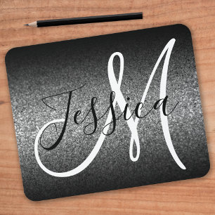 Mousepad Elegant Black Ombre Silver Faux Glitter Monogram