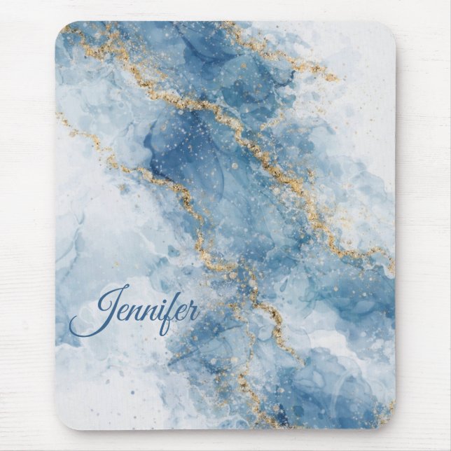 Mousepad Elegant Blue Gold Glitter Abstract Flow            (Frente)