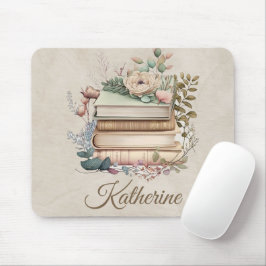 Mousepad Elegant Boho Book Stack Floral  Name