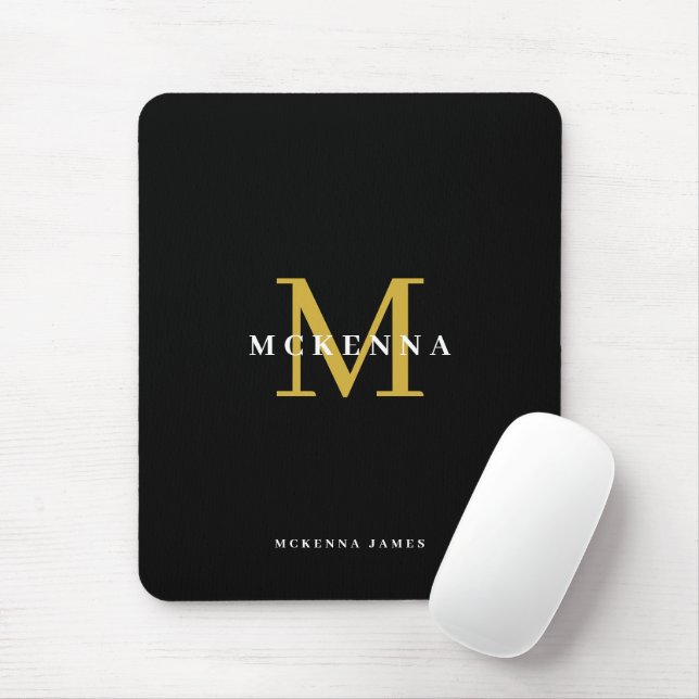 Mousepad Elegant Initial Chic Black Gold Monogram (Com mouse)