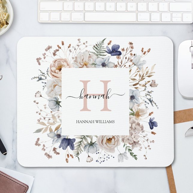 Mousepad Elegant Monogram Pretty Beige Blue Flowers Floral (In situ)