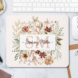 Mousepad Elegant Monogram Watercolor Fall Wildflower Floral