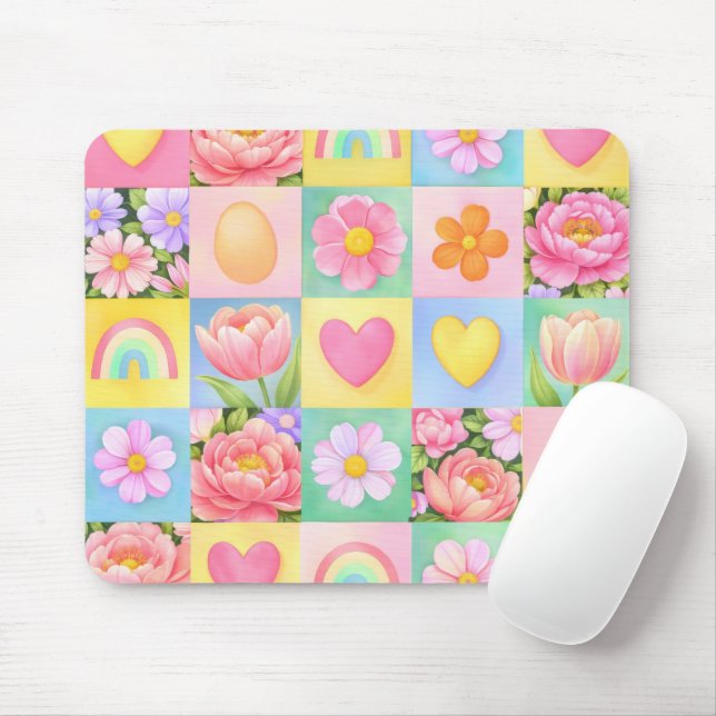Mousepad Elegant Spring Blossoms Heart Checkerboard Pattern (Com mouse)