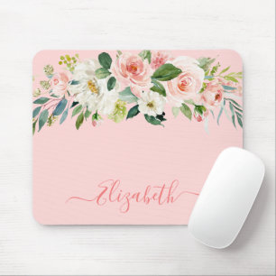 Mousepad Elegante Aquarela Rosa Branco Floral Tendência Scr