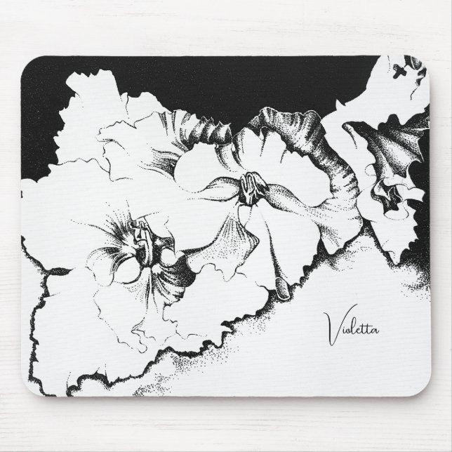 Mousepad Elegante Arte Floral Preto e Branco Original com P (Frente)