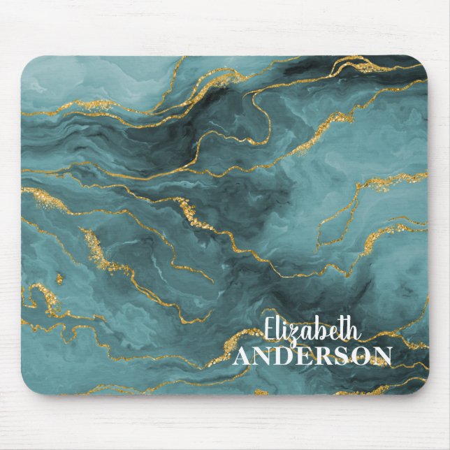 Mousepad Elegante Azul Agate Geode Marble Monograma Nome (Frente)