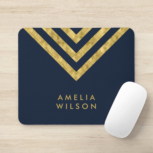 Mousepad Elegante Azul Falso Dourado Nome Chevron Geométric (Criador carregado)