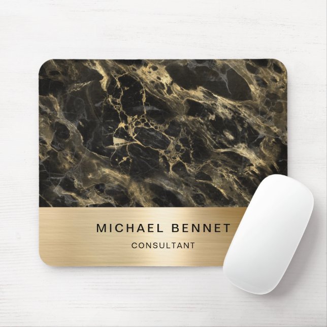 Mousepad Elegante Black Marble Dourado Business (Com mouse)