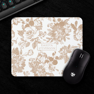 Mousepad Elegante Botânico   Floral branco e Rosa Dourado