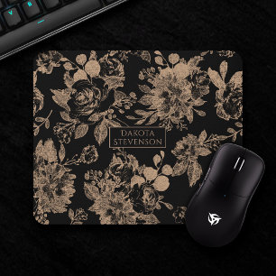 Mousepad Elegante Botânico Preto e Dourado Floral