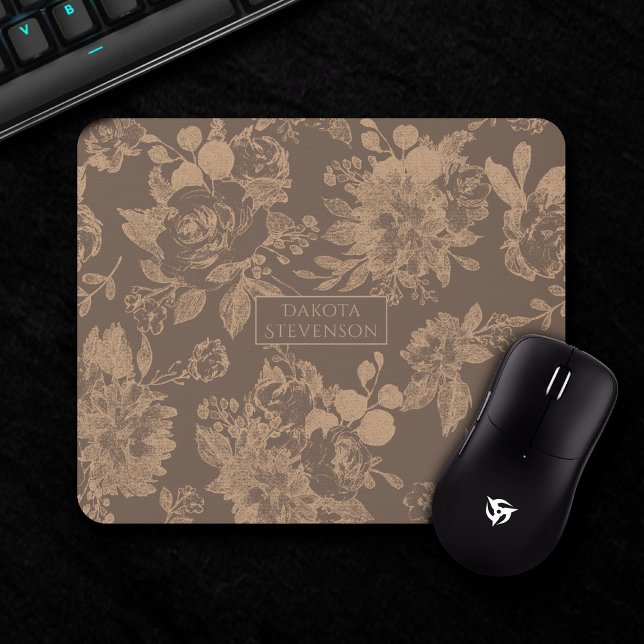 Mousepad Elegante Botânico | Rosa de cobre Floral Dourado (Criador carregado)