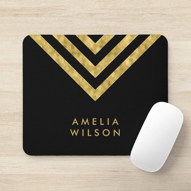 Mousepad Elegante Chevron Geométrico Nome Falso Dourado Pre (Criador carregado)