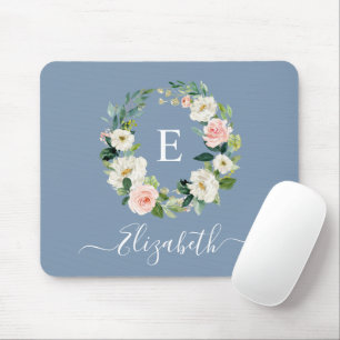Mousepad Elegante Cor de Água Cor Rosa Floral Dusta Azul Mo