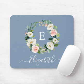 Mousepad Elegante Cor de Água Cor Rosa Floral Dusta Azul Mo