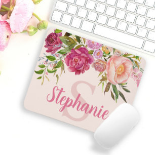 Mousepad Elegante Cor-de-rosa verde-verdinho Monograma Nome