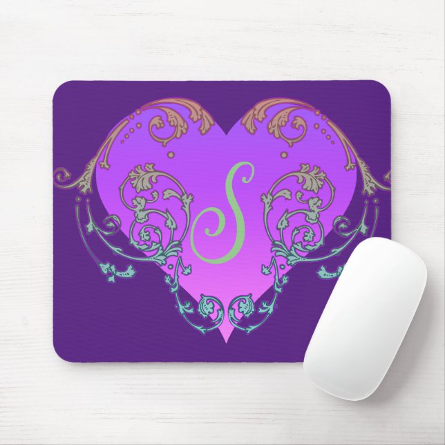 Mousepad Elegante Coração Roxo Romântico com Floreio (Com mouse)