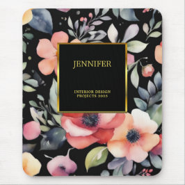 Mousepad Elegante de flores aquáticas, preto-e-ouro