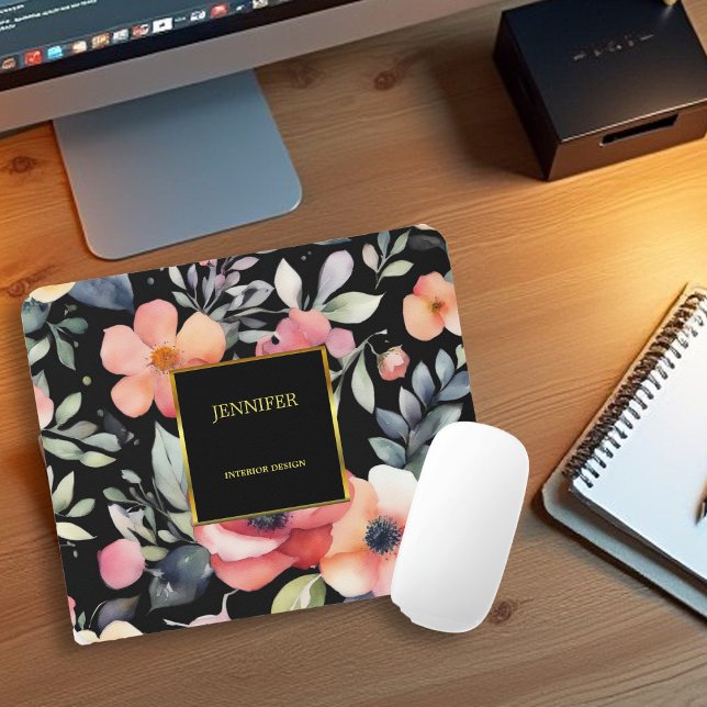 Mousepad Elegante de flores aquáticas, preto-e-ouro (Elegant watercolor flowers black gold professional mouse pad.)