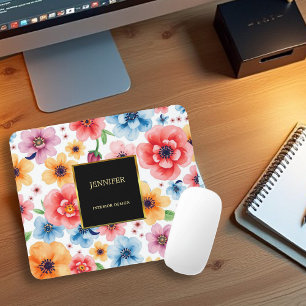 Mousepad Elegante de flores aquáticas, preto-e-ouro