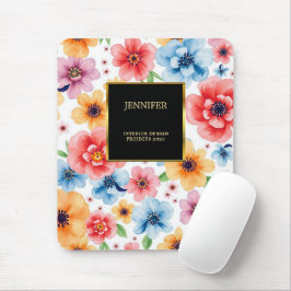 Mousepad Elegante de flores aquáticas, preto-e-ouro
