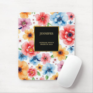 Mousepad Elegante de flores aquáticas, preto-e-ouro