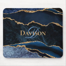 Mousepad Elegante de Monograma de Agato Dourado Azul-marinh