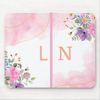 Mousepad Elegante Diário de Monograma Floral Roxo Rosa Inic