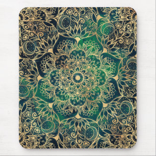 Mousepad Elegante Dourado Floral Mandala Verde Design Azul