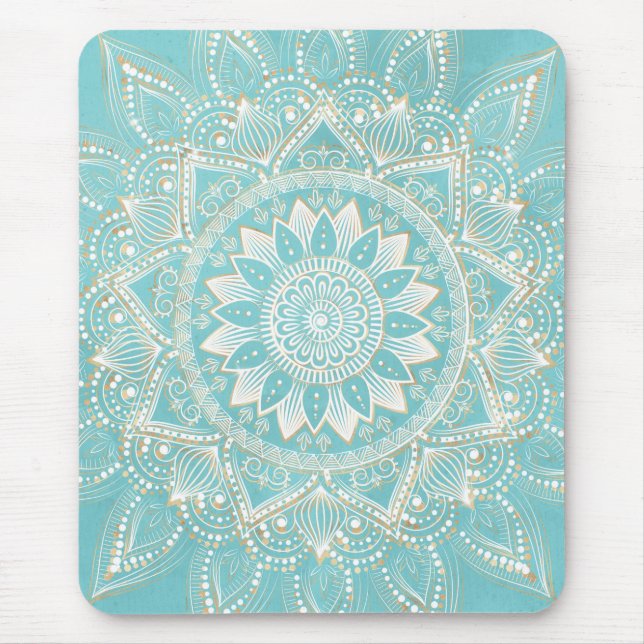 Mousepad Elegante Dourado Mandala Sky Blue Design (Frente)