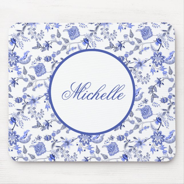 Mousepad Elegante Floral Azul Vintage Nome Branco (Frente)