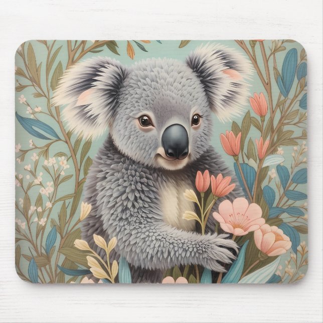 Mousepad Elegante Floral Pastel Fofo de Coala (Frente)