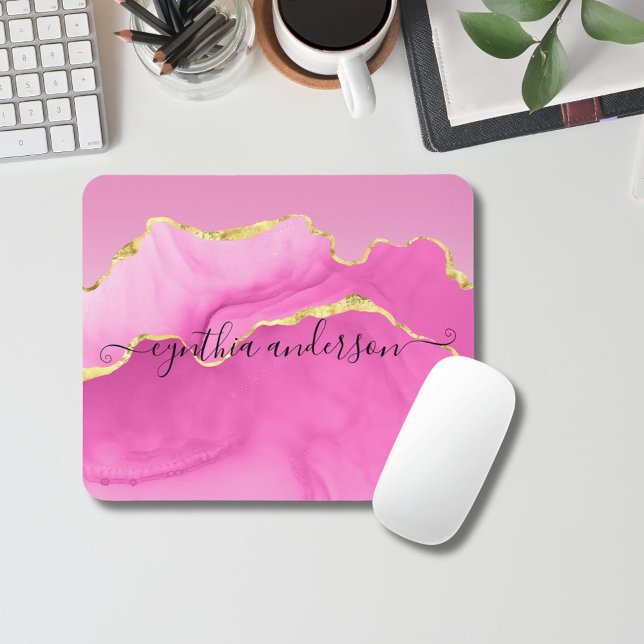Mousepad Elegante Glam Rosa e Dourado Agate Stone Hairdress (Criador carregado)