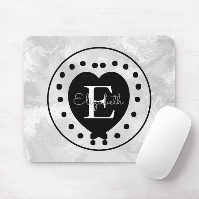 Mousepad Elegante - Letra Inicial Monograma - Branco Preto (Com mouse)