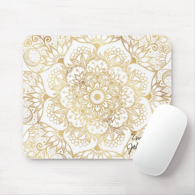 Mousepad Elegante Mandala Floral em Ouro Branco  (Com mouse)