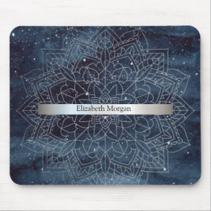 Mousepad Elegante Mandala Prateado Moderno com Faixa Azul-M