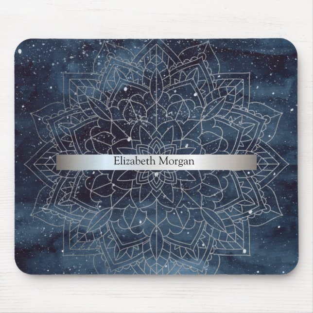 Mousepad Elegante Mandala Prateado Moderno com Faixa Azul-M (Frente)