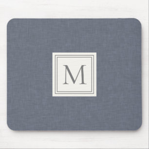 Mousepad Elegante Minimalista Azul Cinza Monograma de Linho
