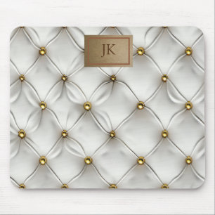Mousepad Elegante Moderno Couro Branco Tuftado Dourado
