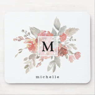 Mousepad Elegante Monograma de Flor Cinza Rosa Empoeirada
