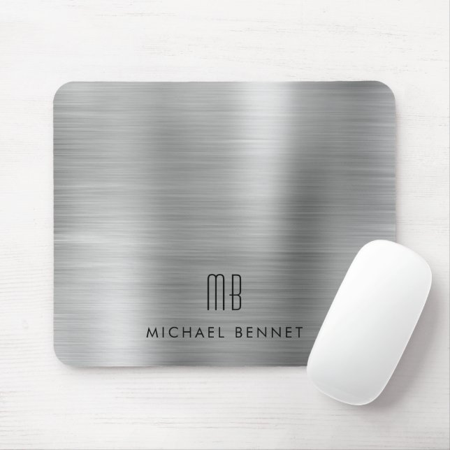 Mousepad Elegante Monograma de Nome Metálico Cinza Prata (Com mouse)