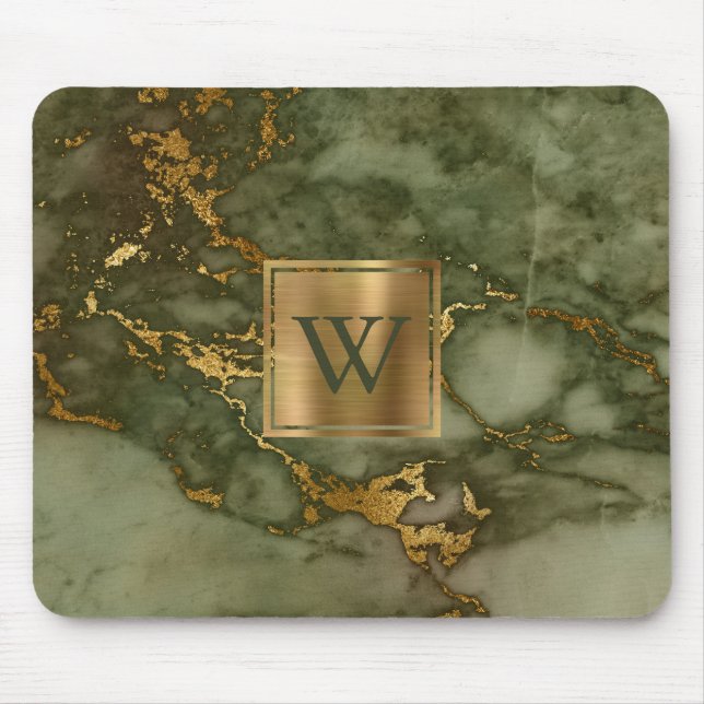 Mousepad Elegante Monograma de Ouro com Mármore Verde Oliva (Frente)