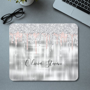 Mousepad Elegante monograma de prata com brilho pingando