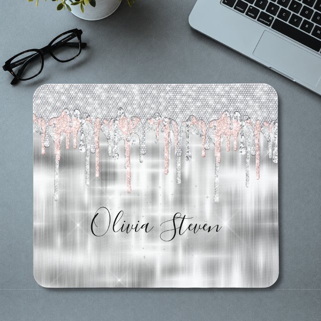 Mousepad Elegante monograma de prata com brilho pingando (Criador carregado)