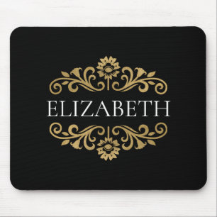 Mousepad Elegante Monograma Dourado Escola Escritório Negr
