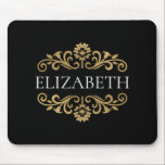 Mousepad Elegante Monograma Dourado Escola Escritório Negra<br><div class="desc">Um elegante porta-voz preto e dourado floresce para o seu escritório ou de volta para a escola. Adicione seu nome entre o floral dourado floral na frente. Projetado para você pelo Blackberry Boulevard.</div>