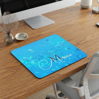 Mousepad Elegante Monograma Escola de Peixes Azul Água Ocea