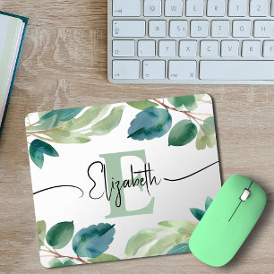 Mousepad Elegante Monograma Eucalyptus Greenery Watercolor
