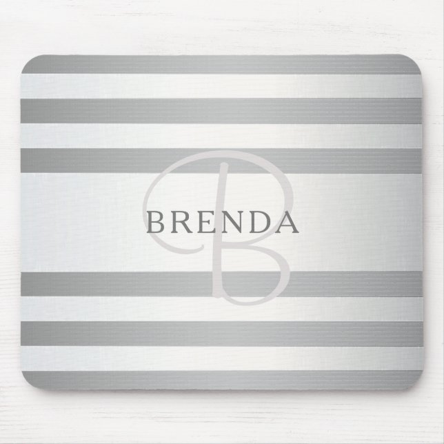 Mousepad Elegante Monograma Falso Gradiente Listras Cinza P (Frente)