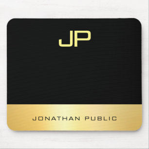 Mousepad Elegante Monograma Faux Dourado Black Modern Model