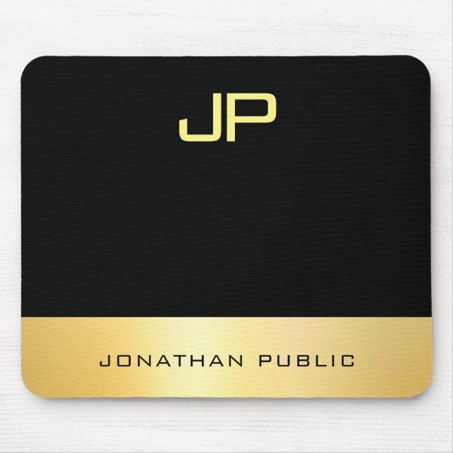 Mousepad Elegante Monograma Faux Dourado Black Modern Model (Frente)